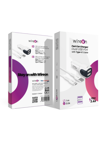 Beyaz 2 Port Çakmaklık Hızlı Araç Şarj Cihazı – USB-A & Type-C Kablolu