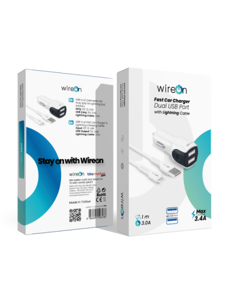 Beyaz 2 Port Çakmaklık Hızlı Araç Şarj Cihazı – USB-A & iPhone (Lightning) Kablolu